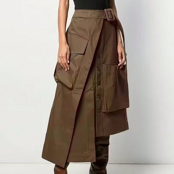 Dresses & Skirts - Coffee Brown Casual Women's Cargo Asymmetric Skirt